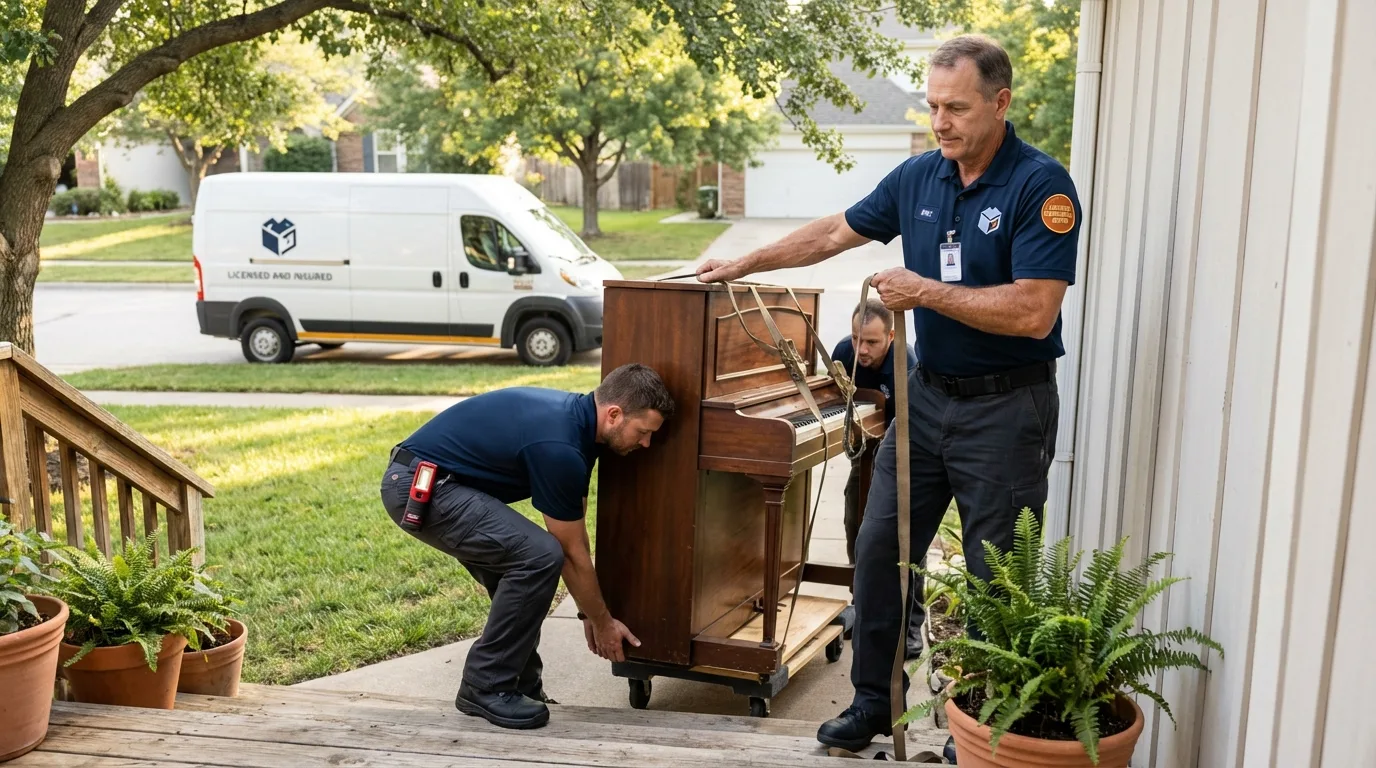 Licensed piano movers securing grand piano in Ocean View, DE