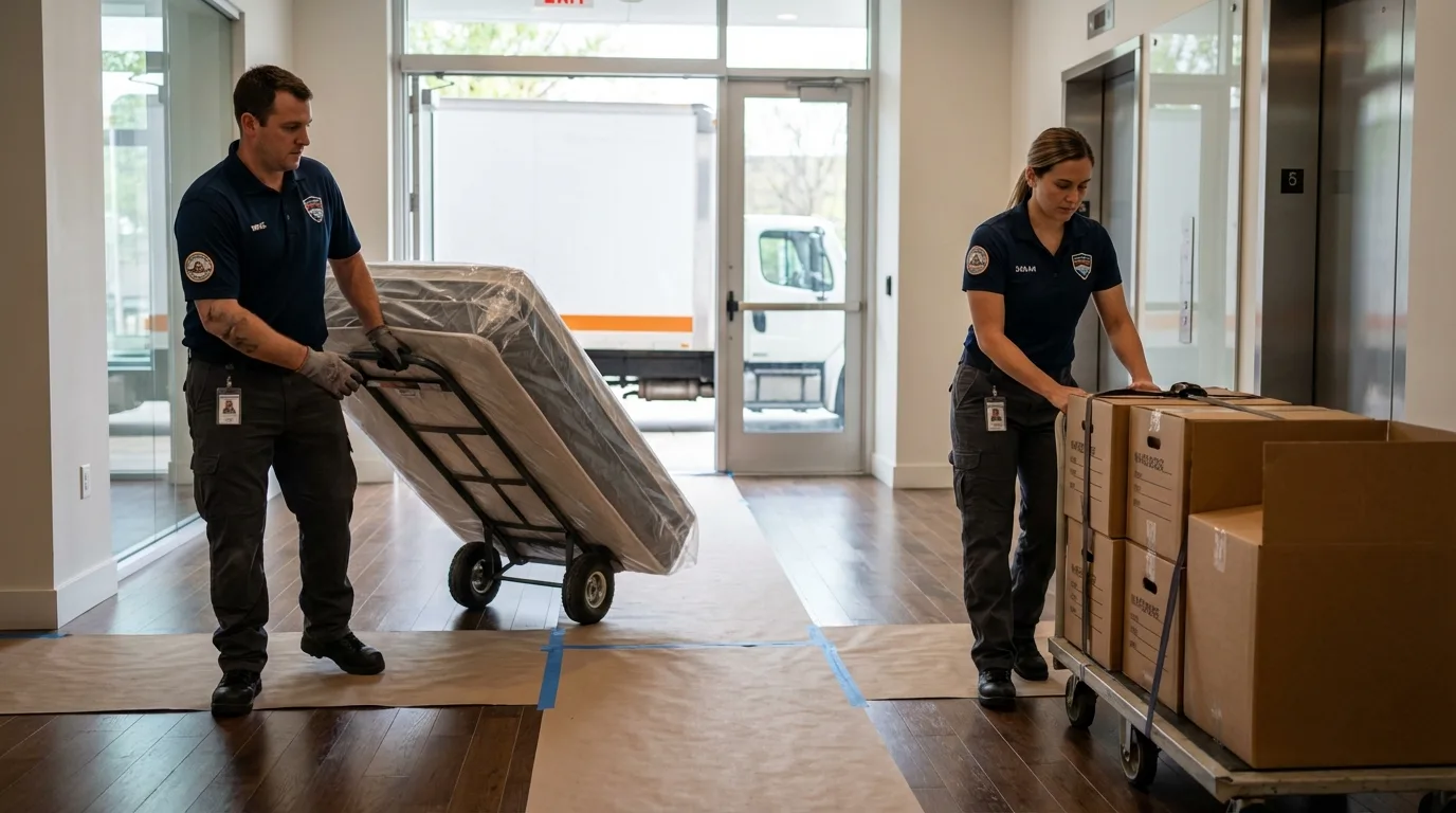 Professional apartment movers loading elevator in Ocean View, DE